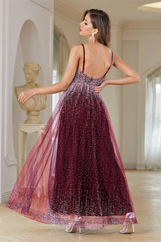 Burgundy A-Line Spaghetti Straps Beaded Prom Dress