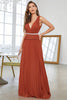 Load image into Gallery viewer, A-Line Deep V-Neck Pleated Brick Red Prom Dress With Beading