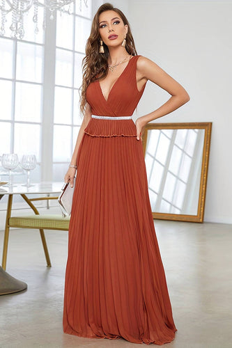 A-Line Deep V-Neck Pleated Brick Red Prom Dress With Beading