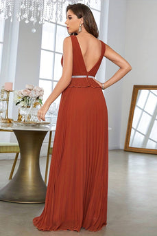 A-Line Deep V-Neck Pleated Brick Red Prom Dress With Beading
