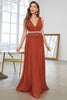 Load image into Gallery viewer, A-Line Deep V-Neck Pleated Brick Red Prom Dress With Beading