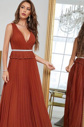 A-Line Deep V-Neck Pleated Brick Red Prom Dress With Beading