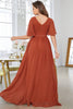 Load image into Gallery viewer, Brick Red A-Line V-Neck Pleated Prom Dress With Short Sleeves