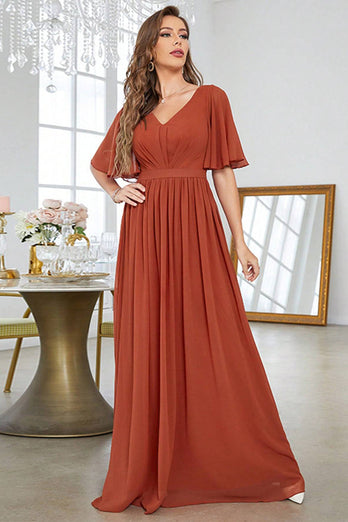 Brick Red A-Line V-Neck Pleated Prom Dress With Short Sleeves