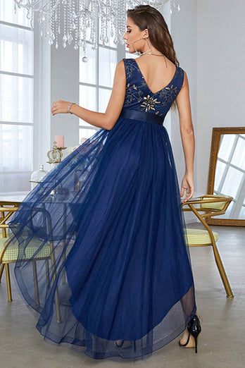 Dark Blue Asymmetrical A-Line V-Neck Prom Dress With Sleeveless