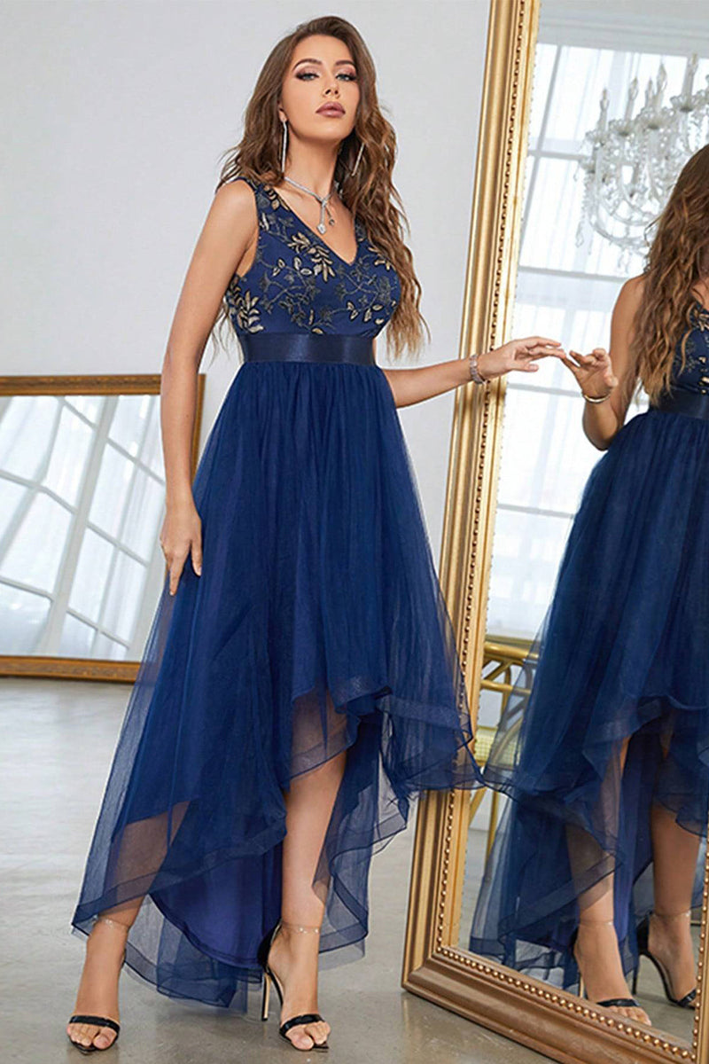 Load image into Gallery viewer, Dark Blue Asymmetrical A-Line V-Neck Prom Dress With Sleeveless