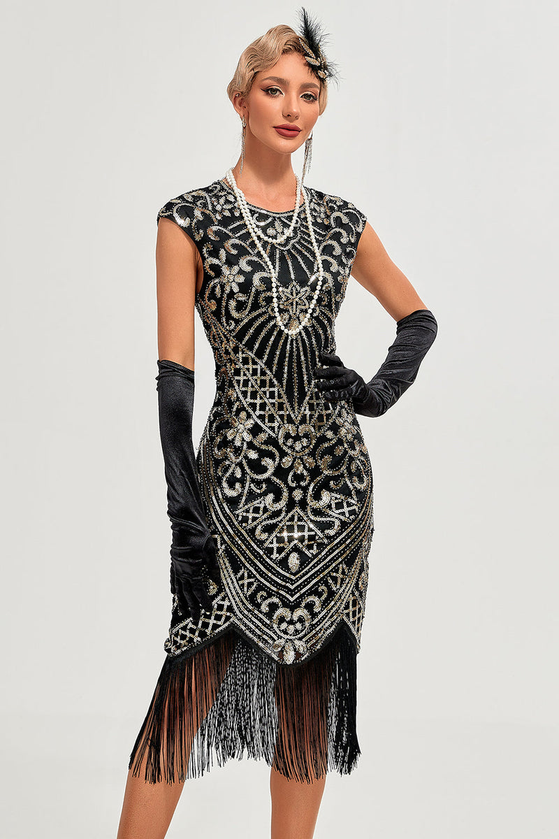 Load image into Gallery viewer, Sparkly Black Beaded Fringed 1920s Gatsby Dress