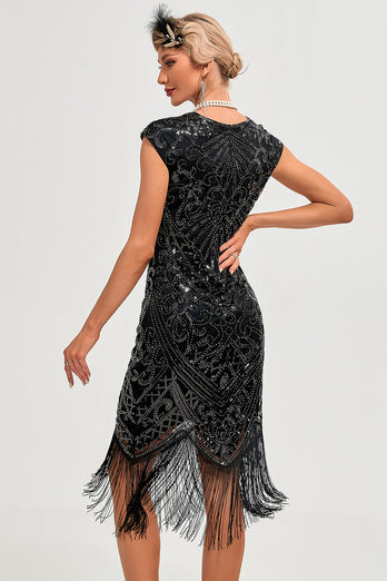 Sparkly Black Beaded Fringed 1920s Gatsby Dress