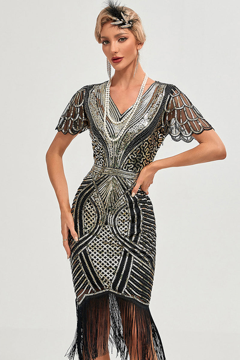 Load image into Gallery viewer, Sparkly Dark Green Beaded Fringed Cap Sleeves 1920s Gatsby Dress