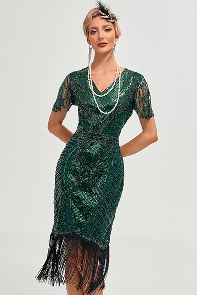 Load image into Gallery viewer, Sparkly Dark Green Beaded Fringed Cap Sleeves 1920s Gatsby Dress