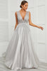 Load image into Gallery viewer, Deep V Neck Grey Long Formal Dress with Appliques