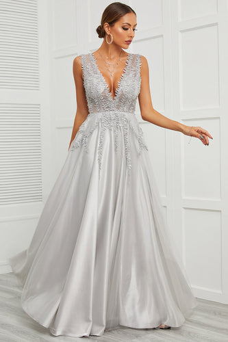 Deep V Neck Grey Long Formal Dress with Appliques