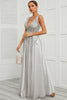 Load image into Gallery viewer, Deep V Neck Grey Long Formal Dress with Appliques