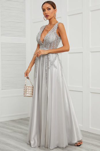 Deep V Neck Grey Long Formal Dress with Appliques