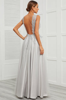 Deep V Neck Grey Long Formal Dress with Appliques