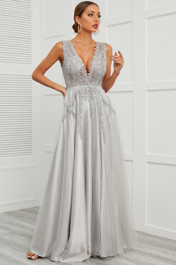 Deep V Neck Grey Long Formal Dress with Appliques