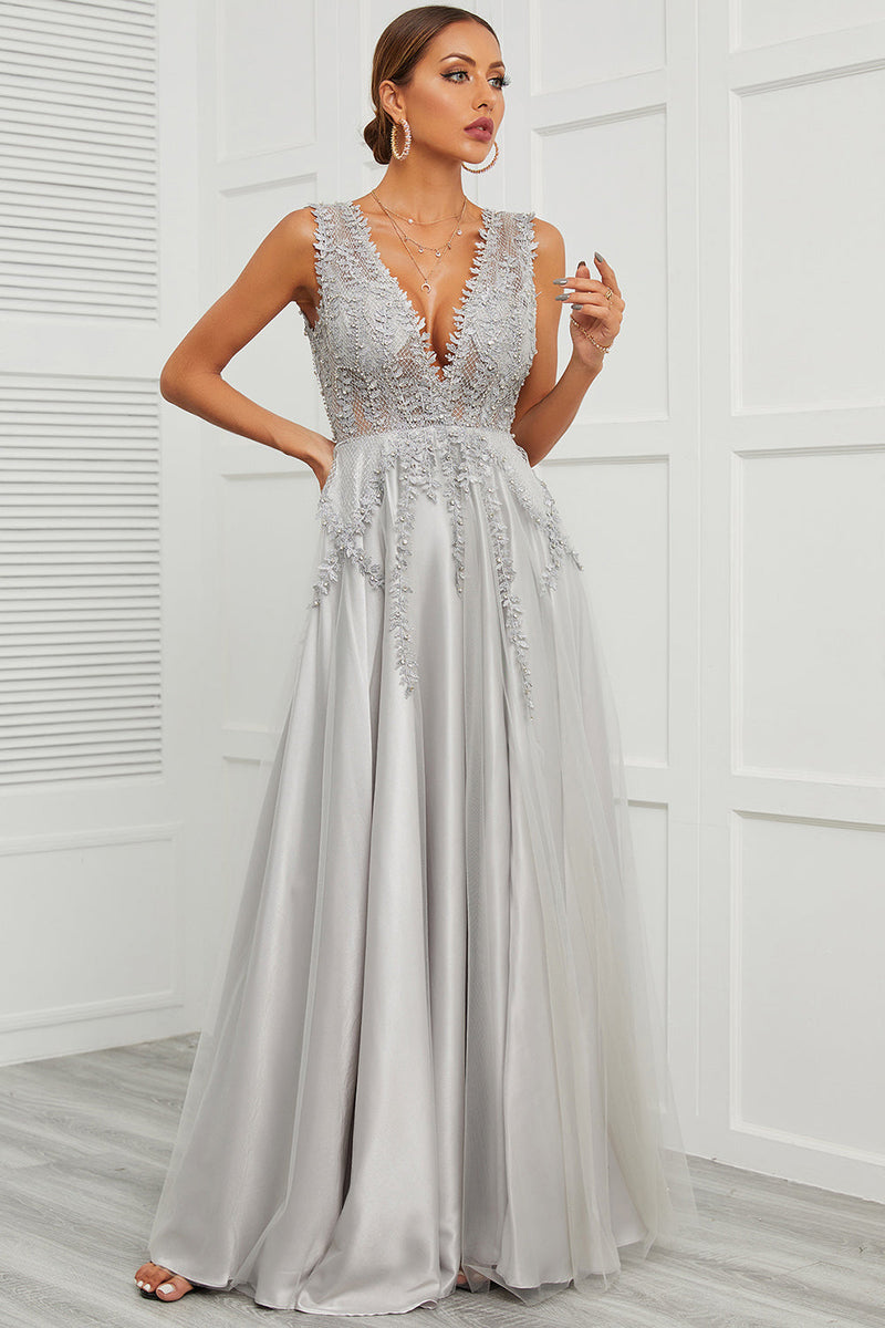 Load image into Gallery viewer, Deep V Neck Grey Long Formal Dress with Appliques