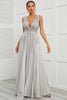 Load image into Gallery viewer, Deep V Neck Grey Long Formal Dress with Appliques