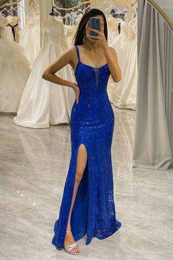 Glitter Royal Blue Long Corset Formal Dress With Slit