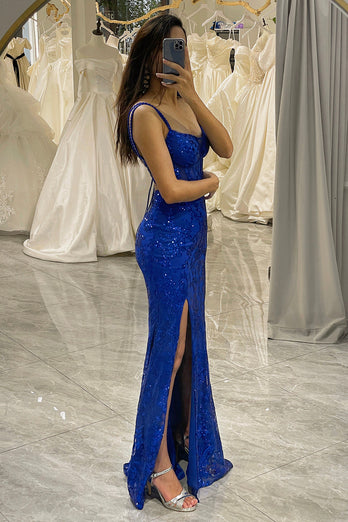 Glitter Royal Blue Long Corset Formal Dress With Slit