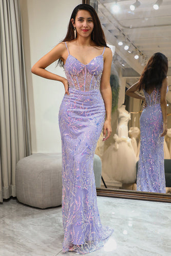 Sparkly Lilac Mermaid Long Corset Formal Dress With Appliques