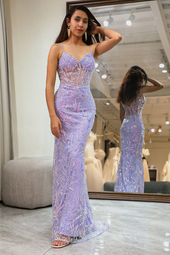 Sparkly Lilac Mermaid Long Corset Formal Dress With Appliques