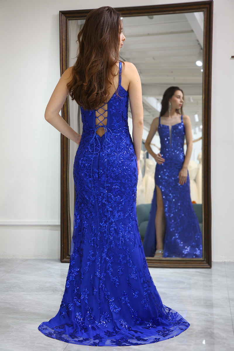 Load image into Gallery viewer, Glitter Royal Blue Mermaid Long Formal Dress With Slit