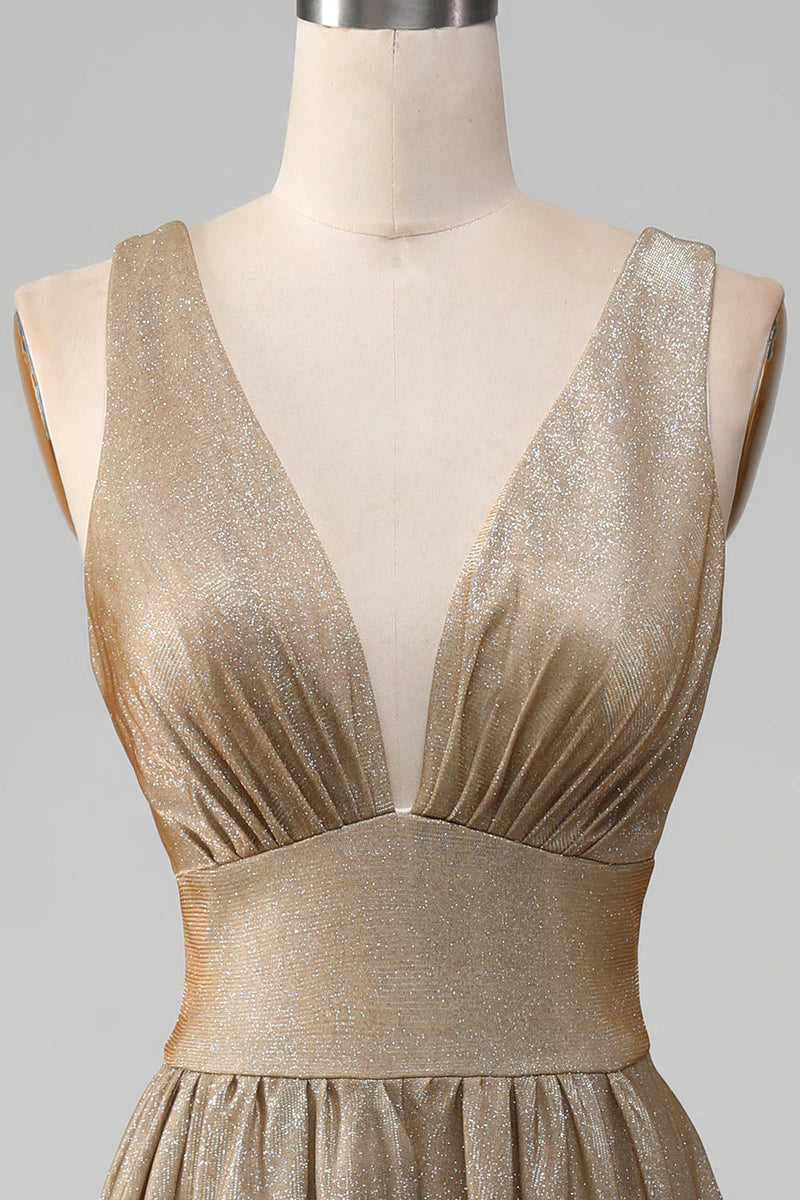 Load image into Gallery viewer, Glitter V-Neck Golden Formal Dress with Slit