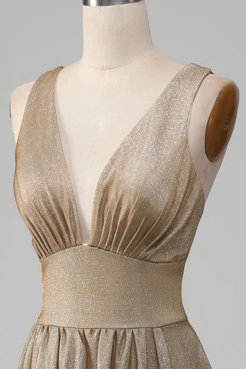 Glitter V-Neck Golden Formal Dress with Slit