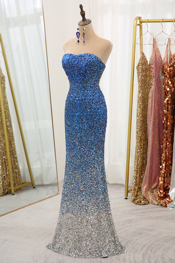 Sparkly Blue Sequined Mermaid Strapless Long Formal Dress