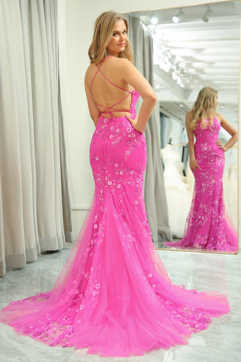 Fuchsia Mermaid Backless Long Formal Dress With Appliques