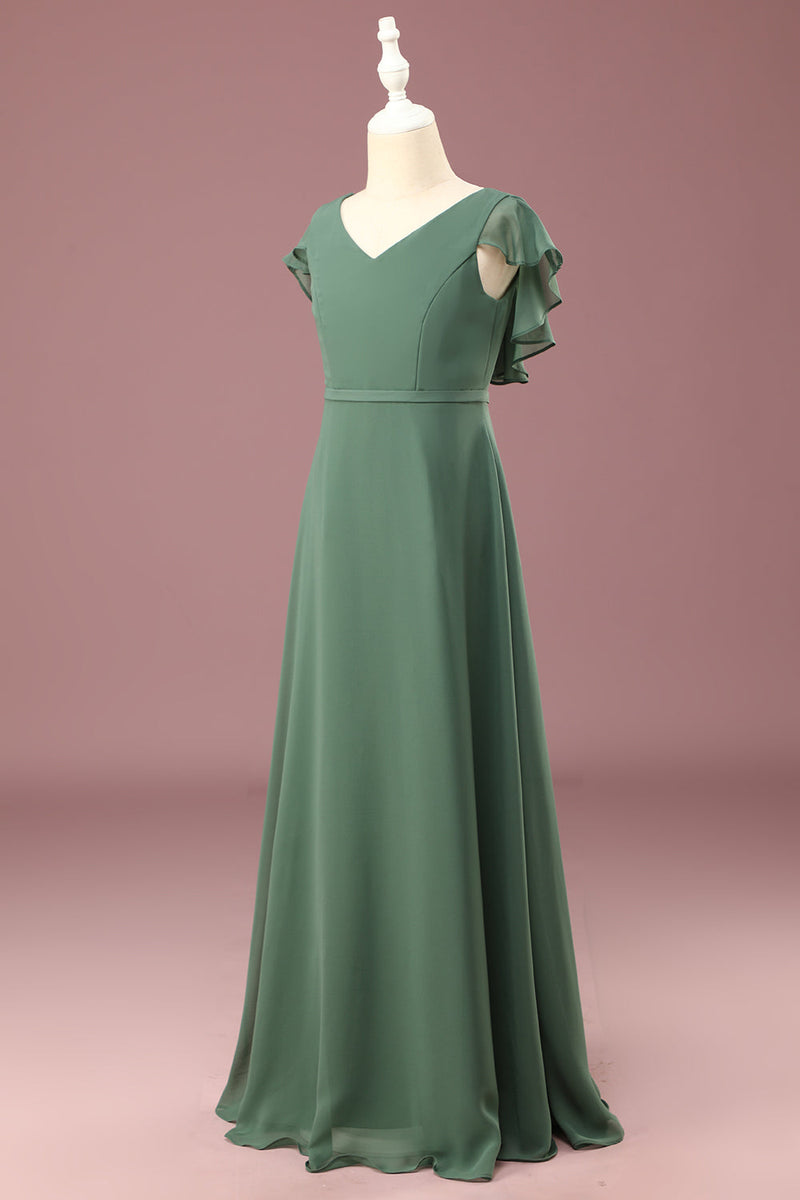 Load image into Gallery viewer, A-line Eucalyptus Chiffon Long Cap Sleeve Junior Bridesmaid Dress