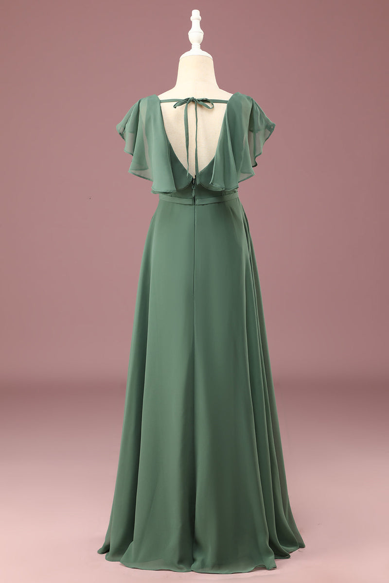 Load image into Gallery viewer, A-line Eucalyptus Chiffon Long Cap Sleeve Junior Bridesmaid Dress