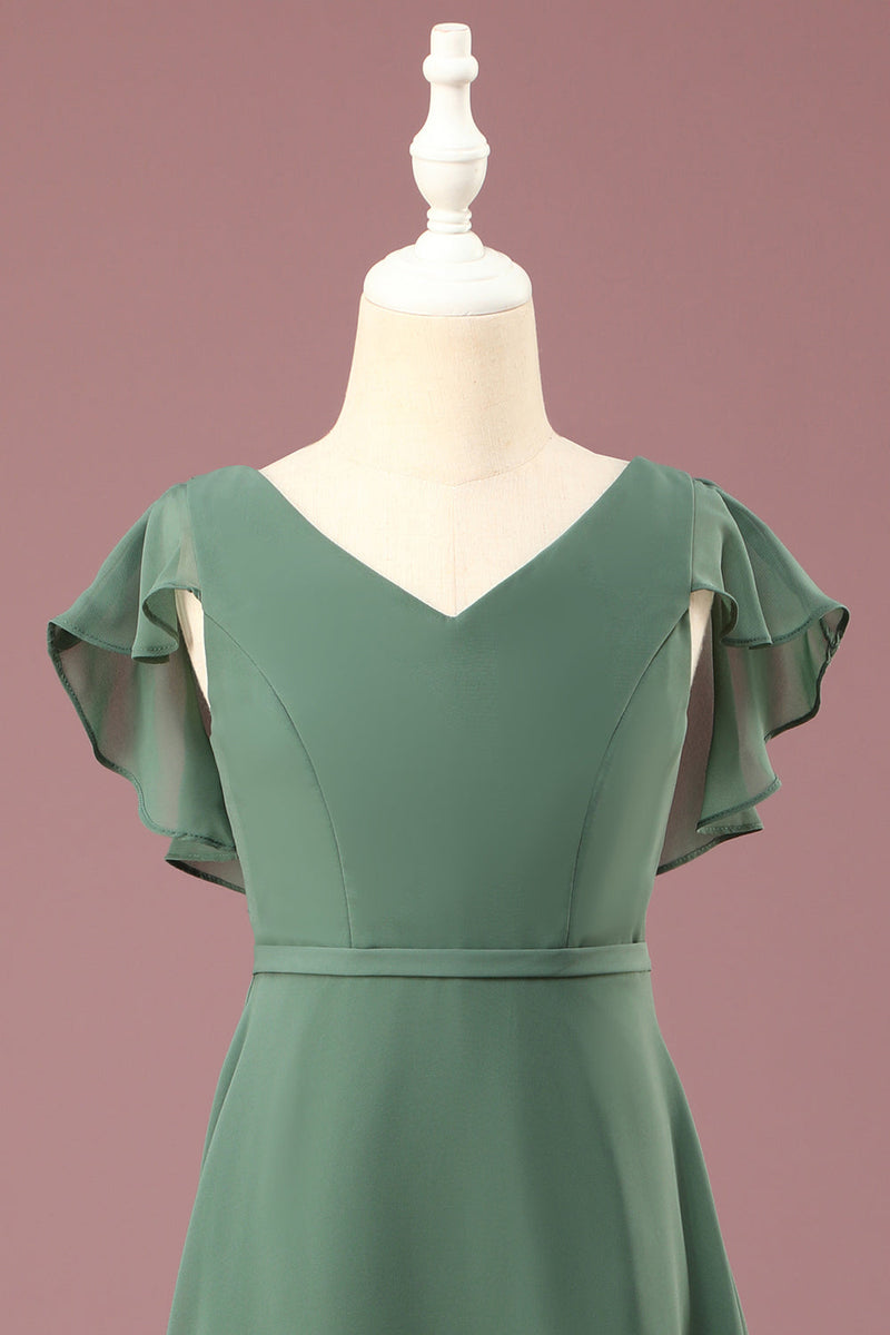 Load image into Gallery viewer, A-line Eucalyptus Chiffon Long Cap Sleeve Junior Bridesmaid Dress