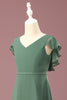 Load image into Gallery viewer, A-line Eucalyptus Chiffon Long Cap Sleeve Junior Bridesmaid Dress