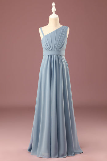 Dusty Blue One Shoulder A-line Chiffon Pleated Floor Length Junior Bridesmaid Dress