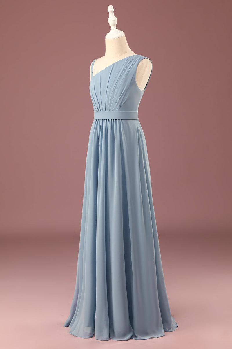 Load image into Gallery viewer, Dusty Blue One Shoulder A-line Chiffon Pleated Floor Length Junior Bridesmaid Dress