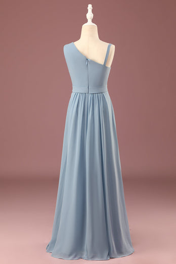 Dusty Blue One Shoulder A-line Chiffon Pleated Floor Length Junior Bridesmaid Dress