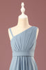 Load image into Gallery viewer, Dusty Blue One Shoulder A-line Chiffon Pleated Floor Length Junior Bridesmaid Dress