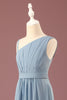 Load image into Gallery viewer, Dusty Blue One Shoulder A-line Chiffon Pleated Floor Length Junior Bridesmaid Dress