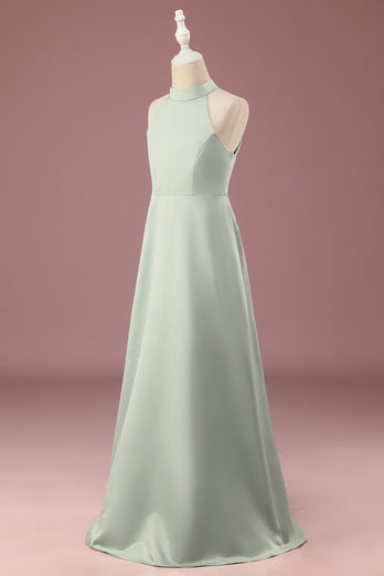 Matcha Satin A-line Halter Sleeveless Long Junior Bridesmaid Dress