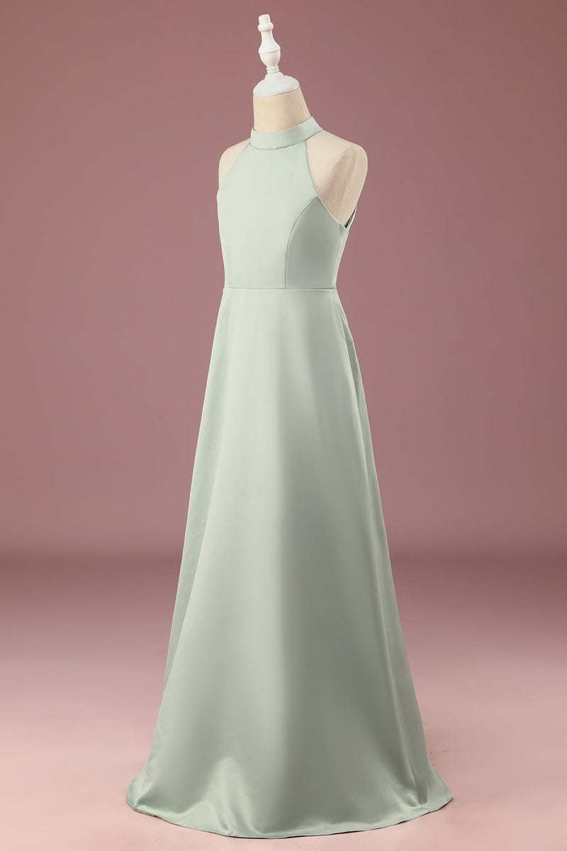 Load image into Gallery viewer, Matcha Satin A-line Halter Sleeveless Long Junior Bridesmaid Dress