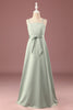 Load image into Gallery viewer, Matcha A-line Satin Spaghetti Straps Long Junior Bridesmaid Dress