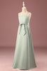 Load image into Gallery viewer, Matcha A-line Satin Spaghetti Straps Long Junior Bridesmaid Dress