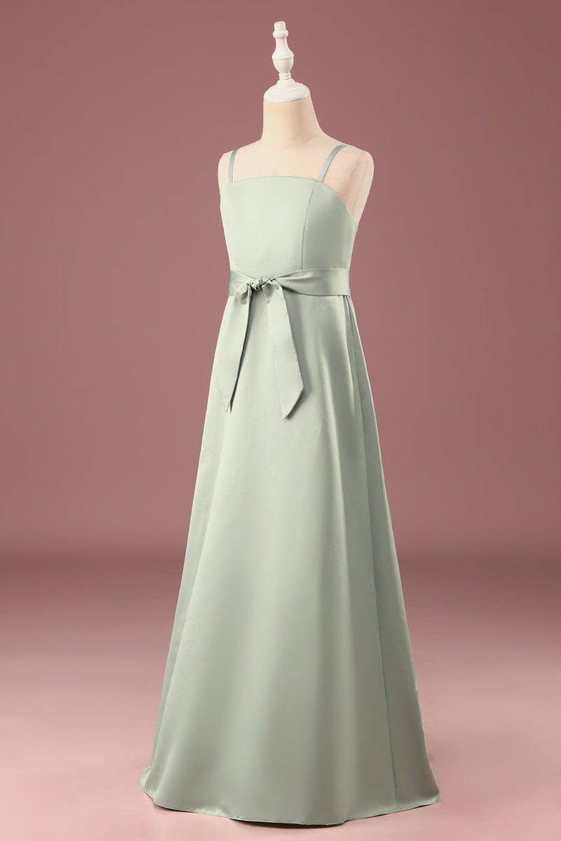 Load image into Gallery viewer, Matcha A-line Satin Spaghetti Straps Long Junior Bridesmaid Dress