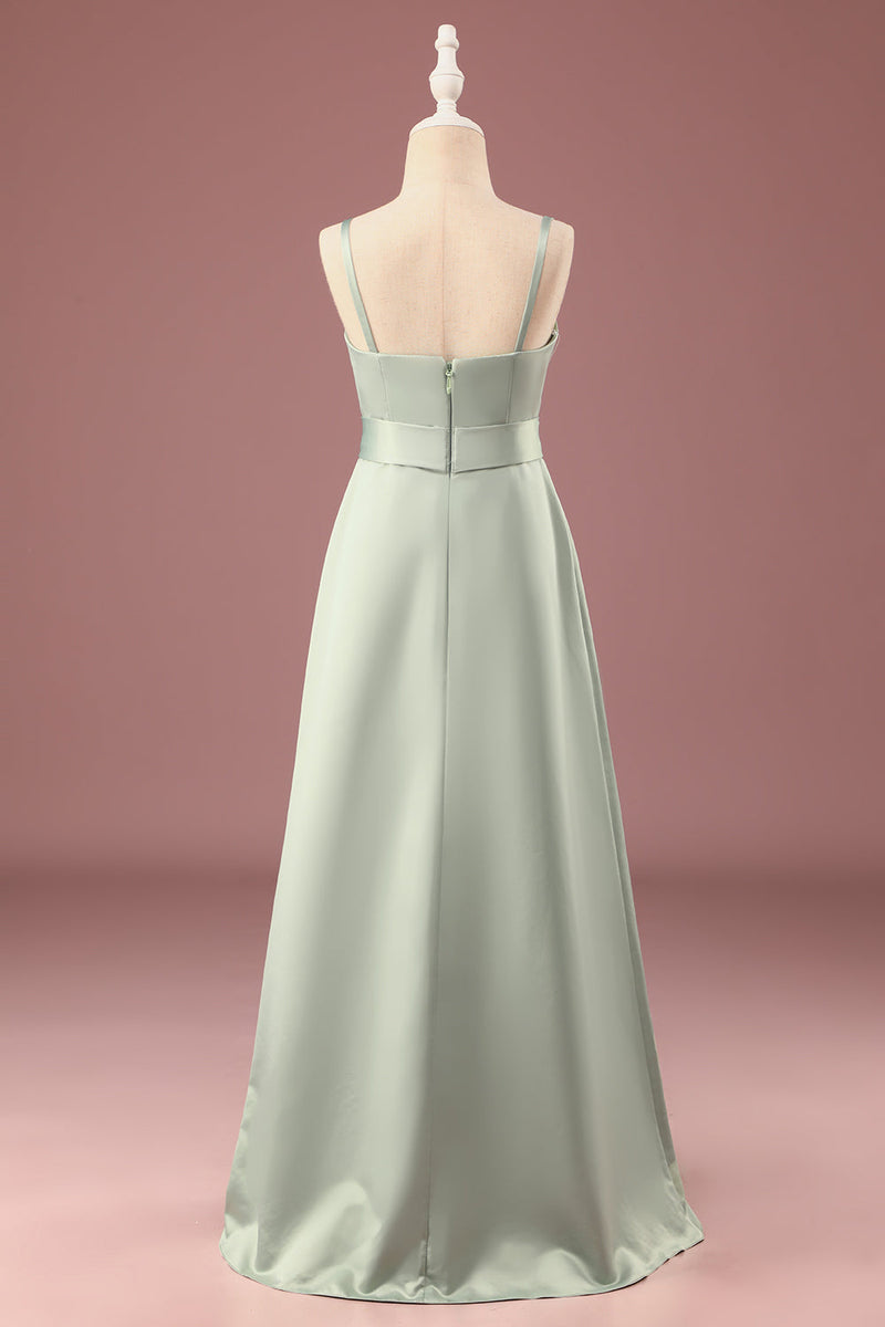 Load image into Gallery viewer, Matcha A-line Satin Spaghetti Straps Long Junior Bridesmaid Dress