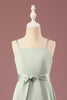 Load image into Gallery viewer, Matcha A-line Satin Spaghetti Straps Long Junior Bridesmaid Dress