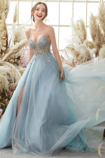 Tulle Light Blue Long Formal Dress with Beading