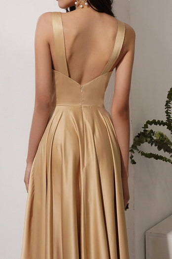 Golden Satin V-Neck Long Formal Dress with Slit