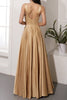 Load image into Gallery viewer, Golden Satin V-Neck Long Formal Dress with Slit